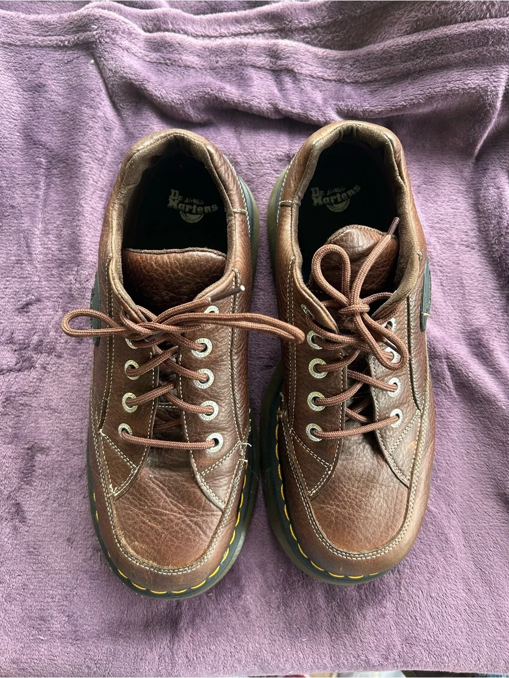 Dr. Martens Brown Leather Lace-Up Oxfords with Yellow Welt Stitching